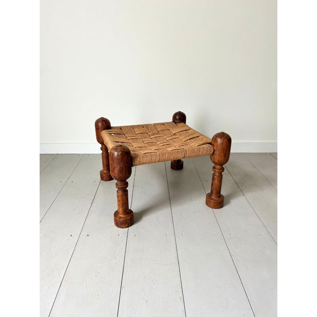 Modernist Turned Wood Ottoman with Woven Rope Top, India, 1950s For Sale - Image 3 of 9