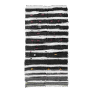 Black White Striped Hemp Kilim Rug - 5`1" X 9`2" For Sale