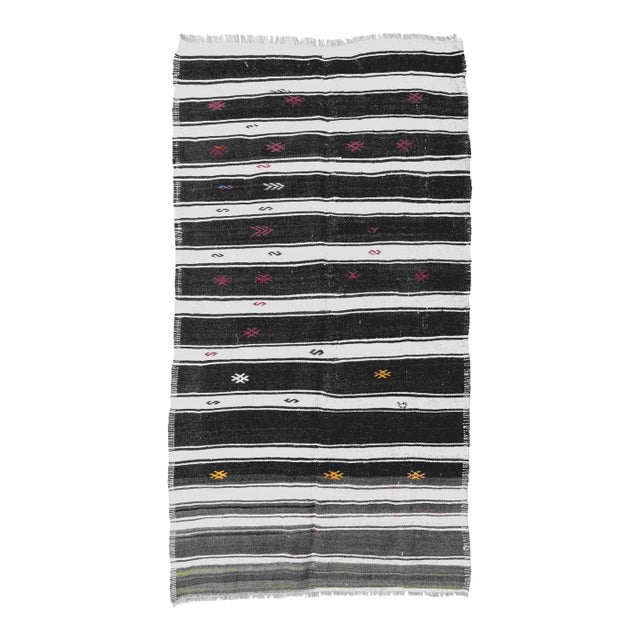 Black White Striped Hemp Kilim Rug - 5`1" X 9`2" For Sale