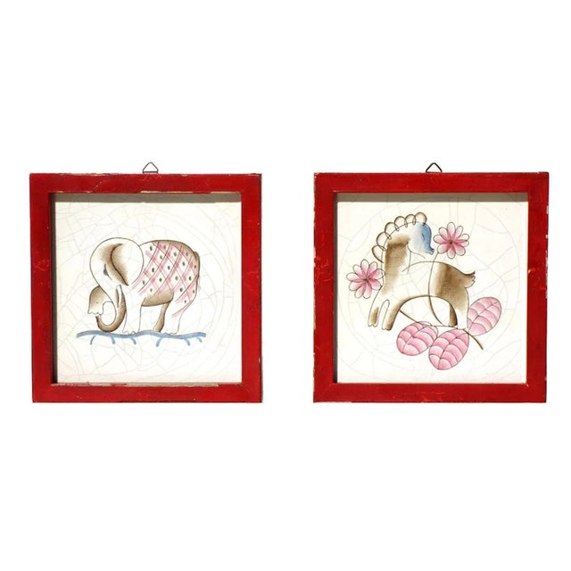 Rare Pottery tiles with red frame Animal decor painted Excellent condition. This piece has an attribution mark, I am sure...