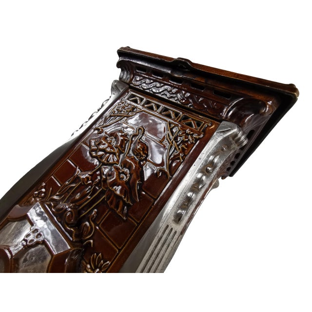 Antique French Art Nouveau Brown Majolica and Enameled Cast Iron Fireplace Tower Stove with Floral Reliefs, 1920s For Sale - Image 6 of 14