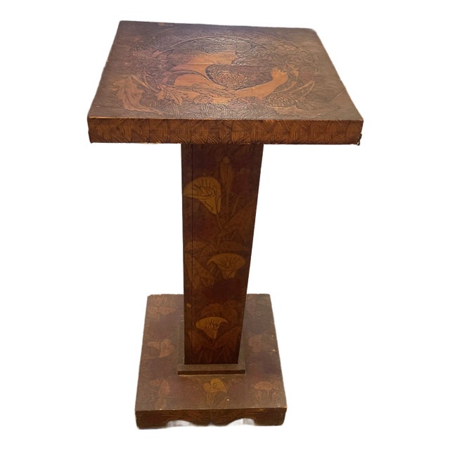 1900s Art Nouveau Pyrography Stand Wooden With a Beautiful Lady For Sale