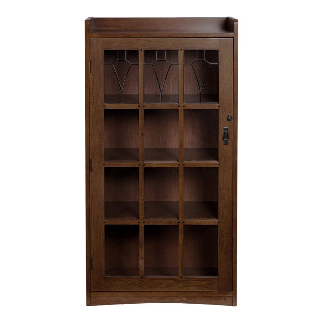 Mission Leaded Glass Bookcase With Lock & Key For Sale
