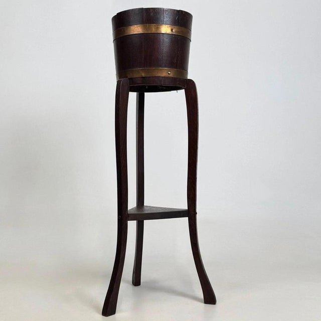 19th Century Antique English Brass-Bound Oak Barrel Plant Stand, 1890s For Sale - Image 5 of 9