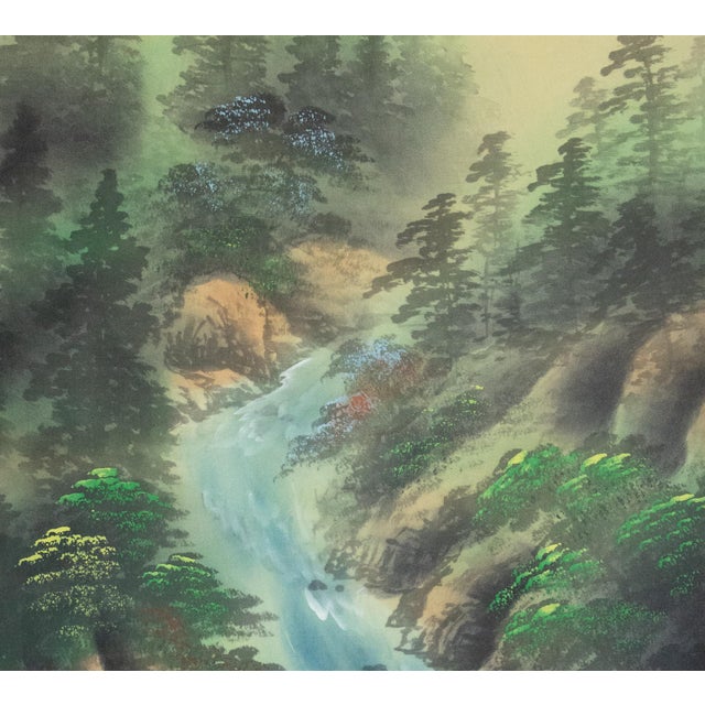 Early 20th Century "Summer Landscape With River", Late Meiji to Taisho Era Silk Scroll Painting For Sale - Image 5 of 18