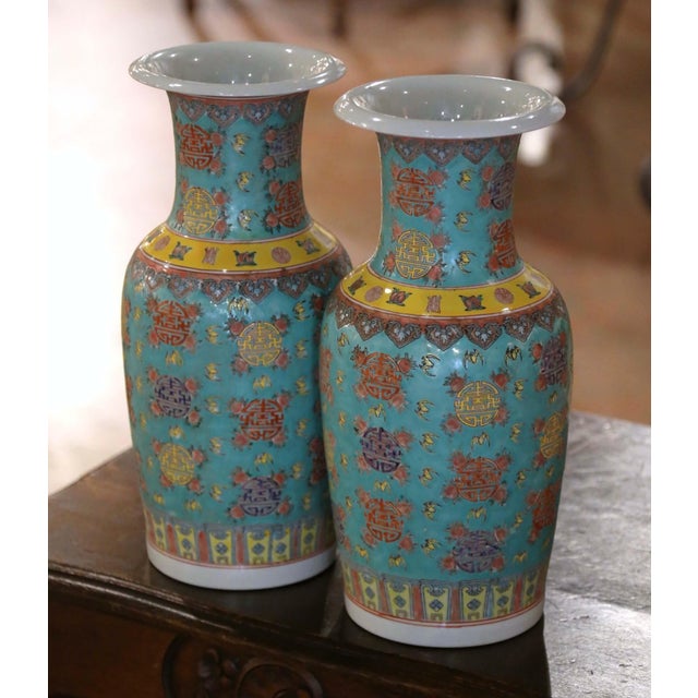 Mid 20th Century Pair of Mid-Century Chinese Famille Rose Hand Painted Turquoise Porcelain Vases For Sale - Image 5 of 7
