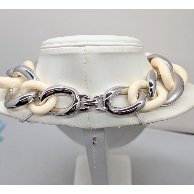 Metal Vintage 1980s Signed Givenchy Rhodium & Ivory Enamel Link Collar Necklace For Sale - Image 7 of 8