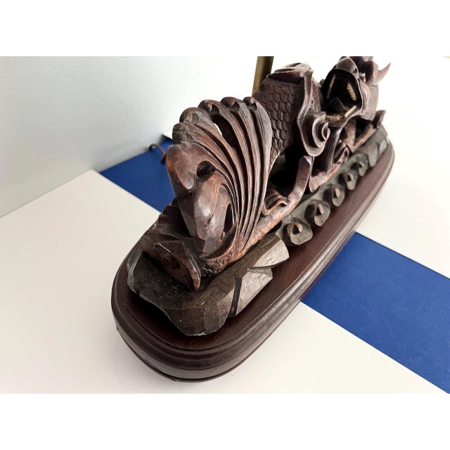 Asian Carved Wood Dragon Roof Tile Lamp & Shade For Sale - Image 9 of 15