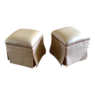 Vintage Custom Neutral Linen Box Pleat Ottomans or Footstools - a Pair For Sale