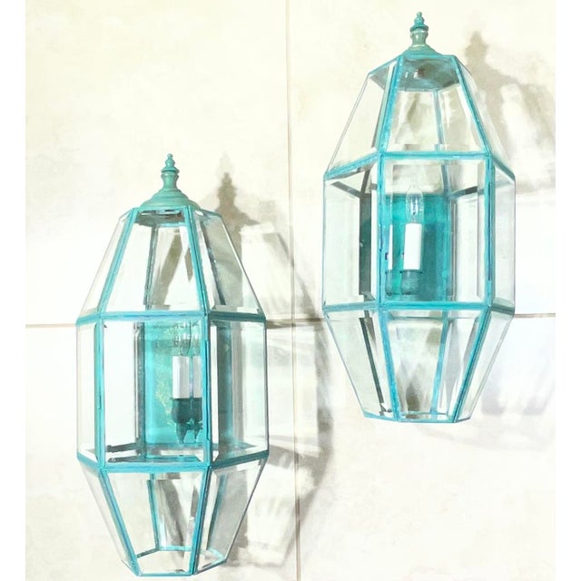 Exquisite Pair of Vintage Solid Brass Hexagonal Wall Lanterns For Sale - Image 15 of 17