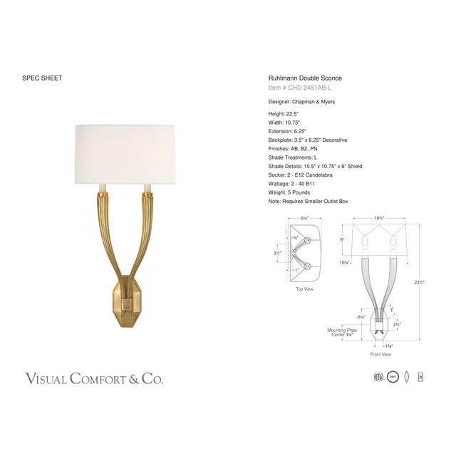 Modern Chapman & Myers for Visual Comfort Signature Ruhlmann Double Sconce in Antique-Burnished Brass with Linen Shade For Sale - Image 3 of 5