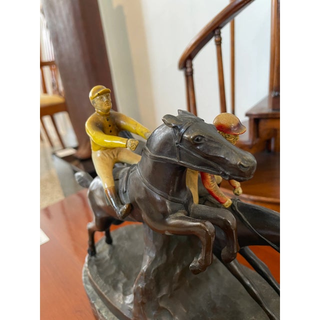 Brown English Steeple Chase Sculpture Hans Harders Polychrome Bronze Horse Race For Sale - Image 8 of 12