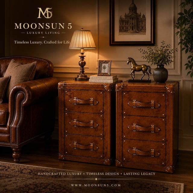 Brass Luxury Leather Dark Brown Nightstand Pair, Handmade Vintage Trunk Bedside Tables, Leather Drawer Cabinet, Brass Studded Bedroom Storage For Sale - Image 8 of 9