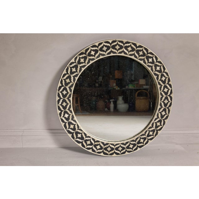 Bone Inlay Black and White Round Mirror with Floral Motifs For Sale - Image 10 of 12