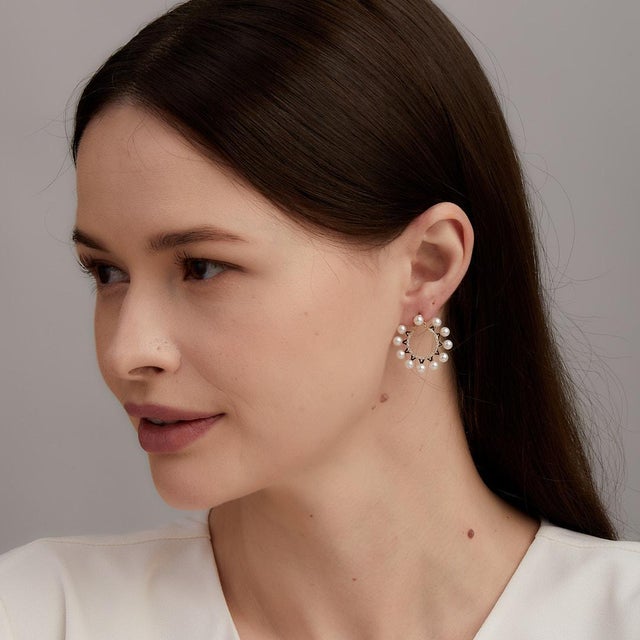 Syna Yellow Gold Circle Hoops with Pearls and Diamonds, a Pair For Sale - Image 4 of 5