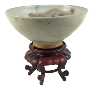 Chinese Junyao Style Oxidized Copper Pottery Bowl on Carved Rosewood Stand