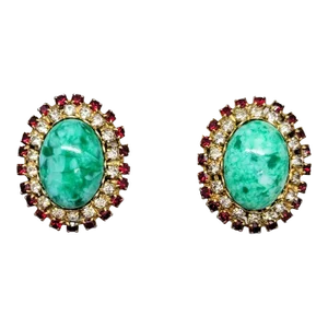 Vintage 1960s Signed Hobe Faux-Jade Cabochon Clip Earrings- 2 Pieces