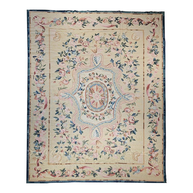 Late 19th Century French Aubusson Needlepoint Carpet in Floral Pattern in Ivory, Green, Pink, Blue For Sale