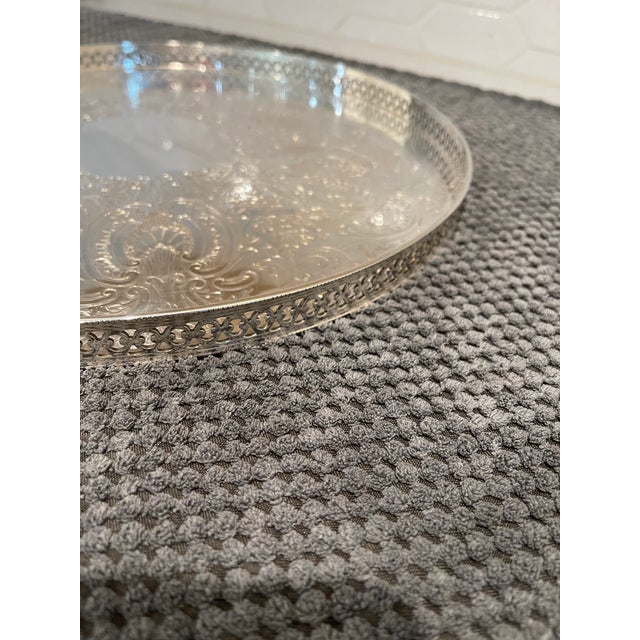 1940s Vintage Silverplate English Round Tray With Pierced Galley Around the Tray For Sale - Image 5 of 6