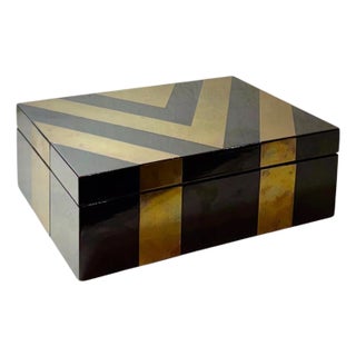 Mid 20th Century American Black Lacquer Box With Brass Inlay For Sale