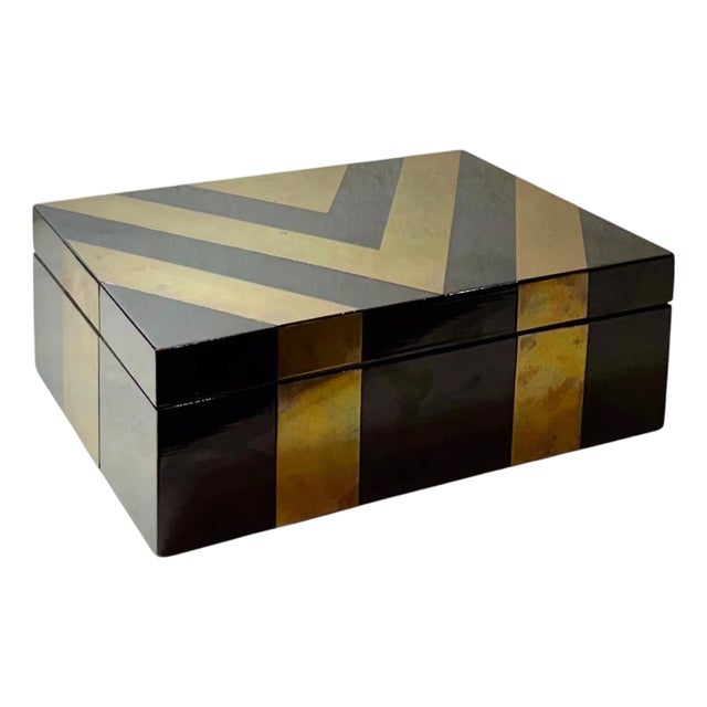 Mid 20th Century American Black Lacquer Box With Brass Inlay For Sale