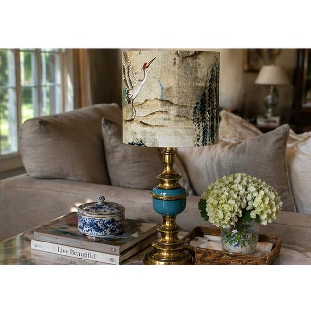Vintage Brass & Teal Table Lamp With Custom Designer Crane Landscape Shade – Statement Piece For Sale In Birmingham - Image 6 of 6