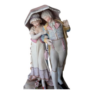 18th-Century Courting Couple Sharing a Parasol Under Pastel-Colored Period Attire. Glazed and Matte Porcelain Figurine For Sale