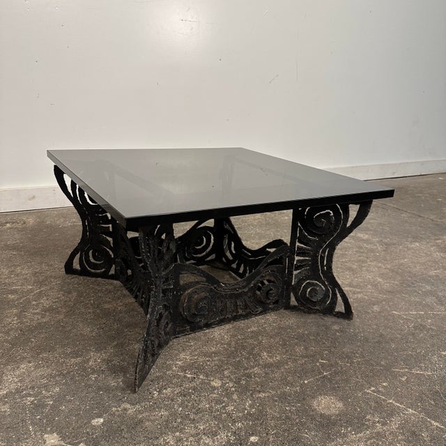 Brutalist Brutalist Whimsical Torch Cut Side Table Smoked Glass Sculpted Metal For Sale - Image 3 of 12