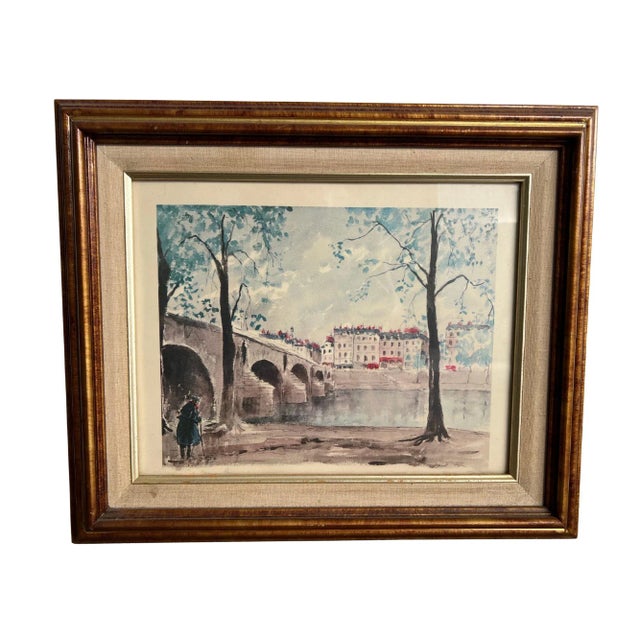 Watercolors, one depicting the Pont Neuf bridge over the Seine in Paris, and the other depicting Place de la Republique ....