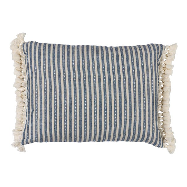Schumacher Mathis Ticking Stripe Lumbar Pillow In Indigo For Sale