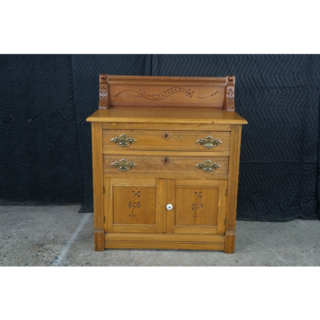 Antique Victorian Eastlake Carved Oak Parlor Cabinet Washstand Commode Chest 30" For Sale - Image 6 of 18
