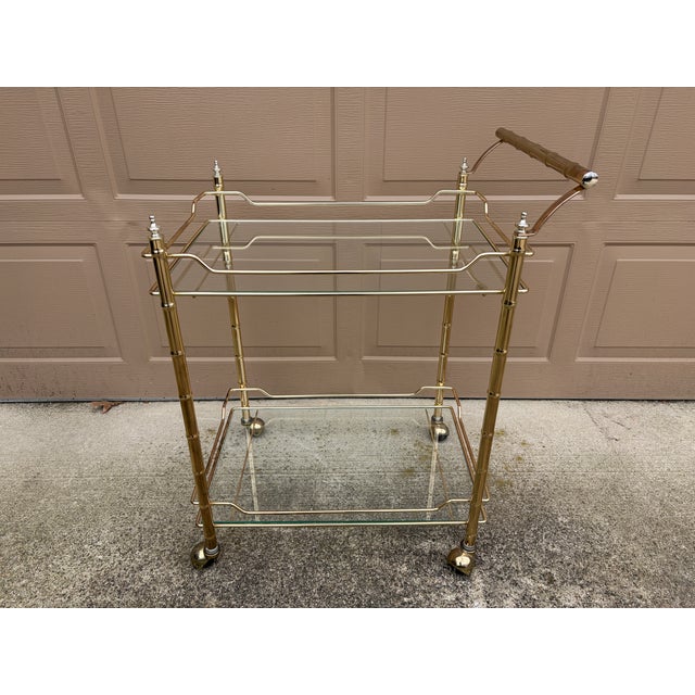 1960s Faux Bamboo Brass Bar Cart in the Palm Beach Manner For Sale - Image 10 of 11