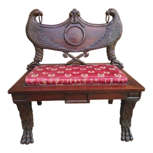 Empire Style Heraldic Coat of Arms Carved Mahogany Double Eagle Bench