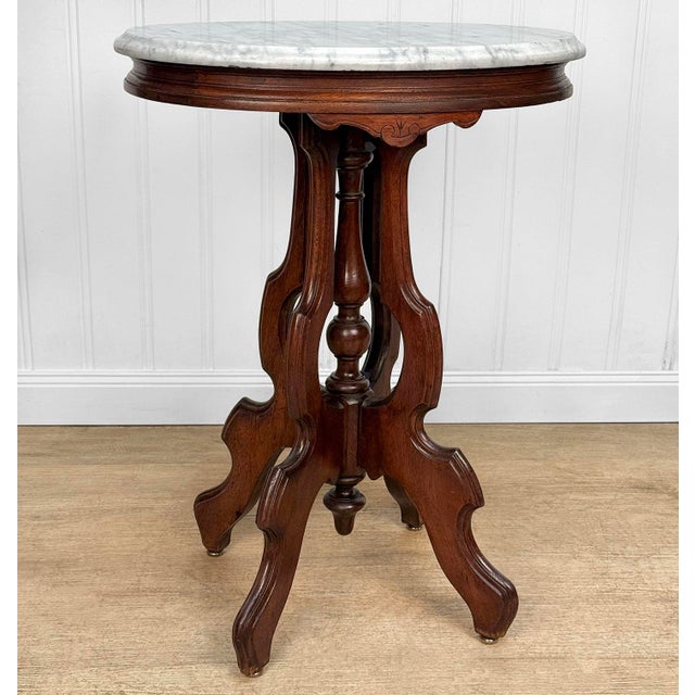 Victorian Antique Victorian Mahogany Oval Marble Top Parlor Side Table For Sale - Image 3 of 12