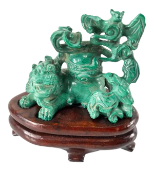 Chinese Carved Malachite Stone Foo Dog With Bats