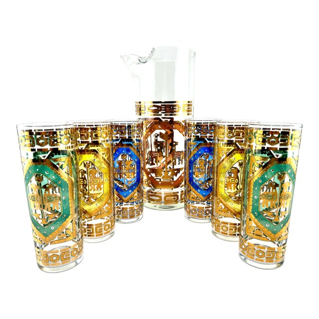 1960's Mid Century Embossed Aztec Pitcher and Highballs, Set of 6 Glasses For Sale