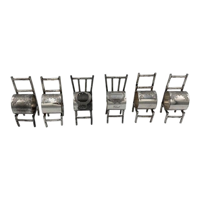 Late 19th Century Set of 6 American Victorian Sterling Silver Figural Chair Napkin Rings For Sale
