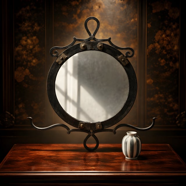 Wrought Iron Mirror: Antique Arts & Crafts Wall Decor with Brass circa 1890-1910 This is a fine and characterful example...