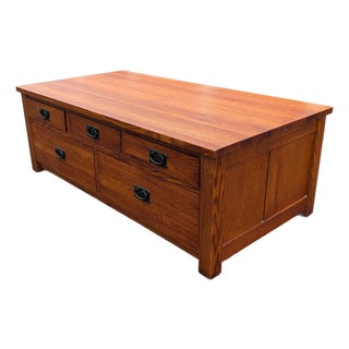 Tiger Oak Mission Style Coffee Table With Cedar Lined Drawers For Sale