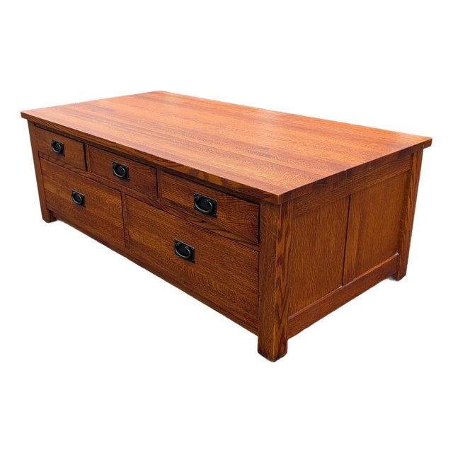 Tiger Oak Mission Style Coffee Table With Cedar Lined Drawers For Sale