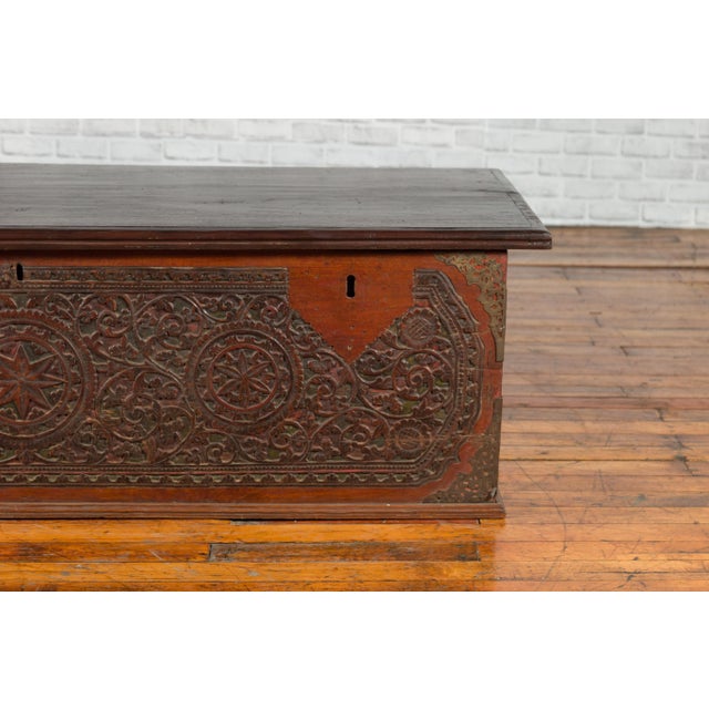 Auburn Late 19th Century Coffer from Sumatra with Carved Motifs and Iron Hardware For Sale - Image 8 of 13