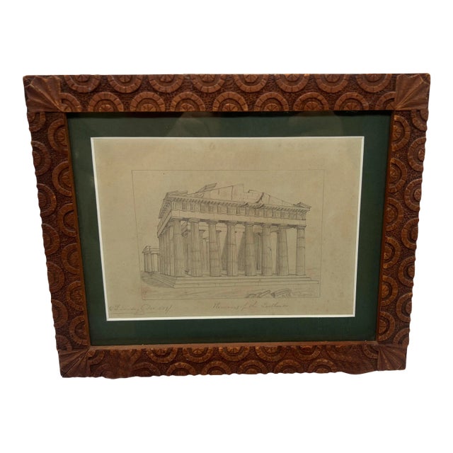 Grand Tour Pencil Drawing "Remains of the Parthenon" Fine Carved Frame For Sale