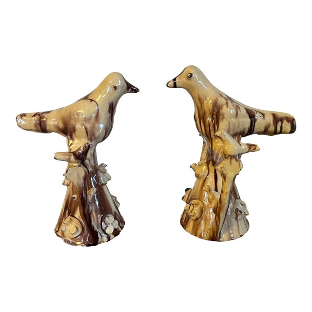 19th Century English Folk Art Staffordshire Redware Slip Decorated Treacle Glaze Bird Dovecote Whistles, Circa 1820 - A Pair For Sale