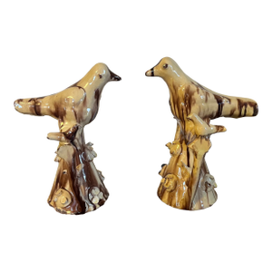 19th Century English Folk Art Staffordshire Redware Slip Decorated Treacle Glaze Bird Dovecote Whistles, Circa 1820 - A Pair