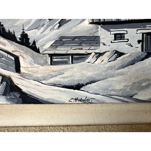 1970s Vintage Carved Wood Relief Winter Landscape Painting, Signed For Sale - Image 10 of 12