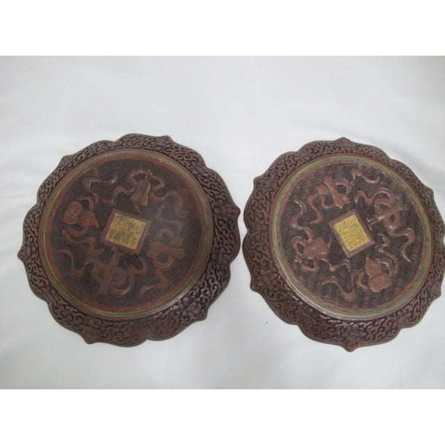 Chinese Cinnabar Lacquer Style Resin Village Scene 10" Plate Pair With Stands For Sale - Image 18 of 18