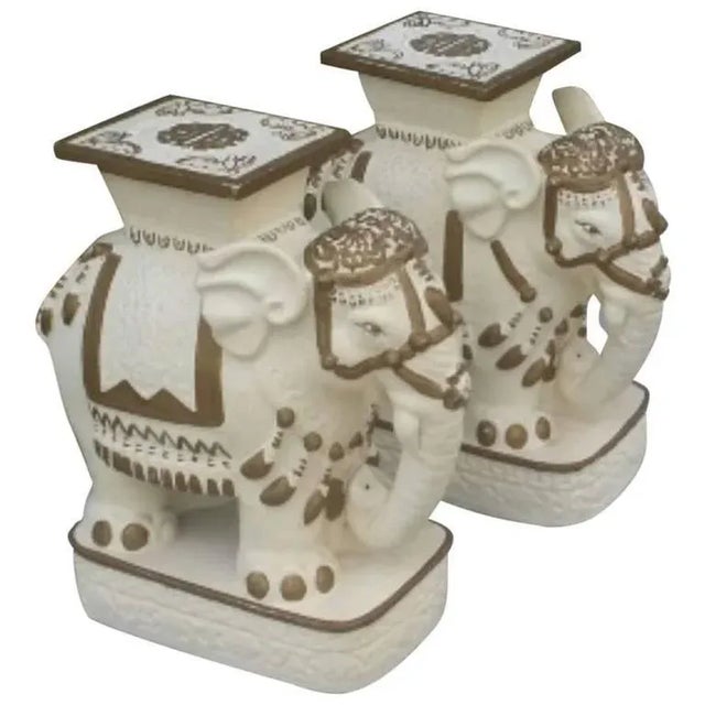 Sculpture Materials Hollywood Regency Gold & White Elephants Garden Stools - a Pair For Sale - Image 7 of 8