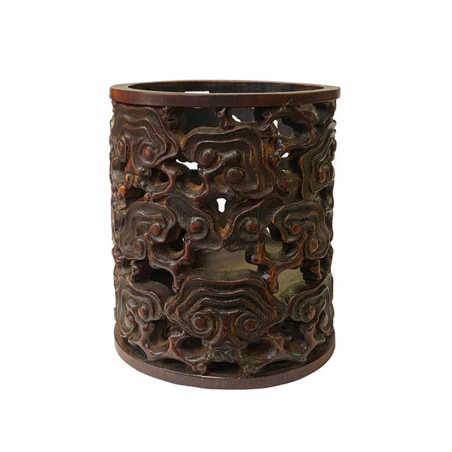 2010s Chinese Bamboo Scroll Cloud Carving Brush Pen Holder / Brush Pot For Sale - Image 5 of 8