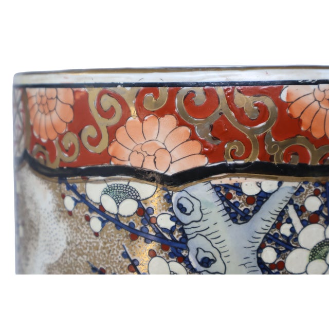 Mid 20th Century Vintage Macau Hand-Painted Porcelain Umbrella Stand With Floral Garden, Raised Enamels & Gilt Detail For Sale - Image 5 of 18