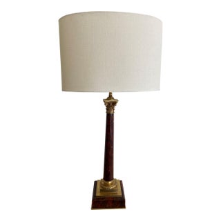 Circa 1890 Neoclassical Dark Red Marble Column Lamp With Linen Shade For Sale